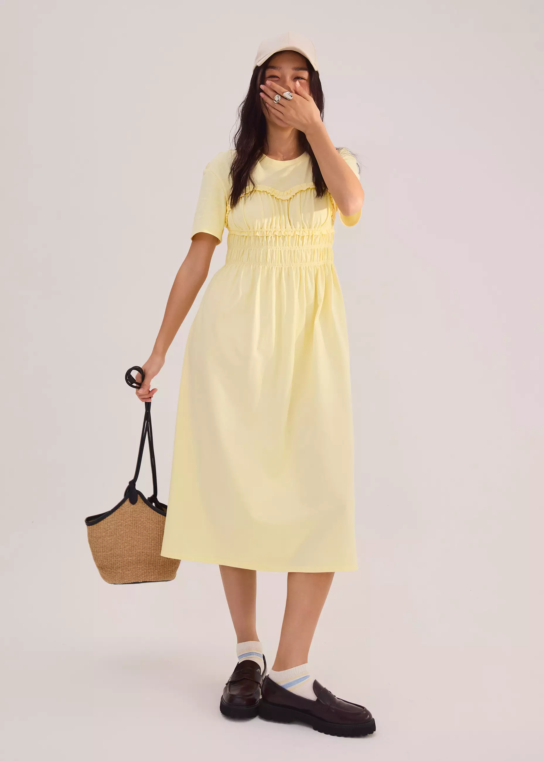 Dress Wanita - Jersey Ruched Bodice Round Neck Midi Dress