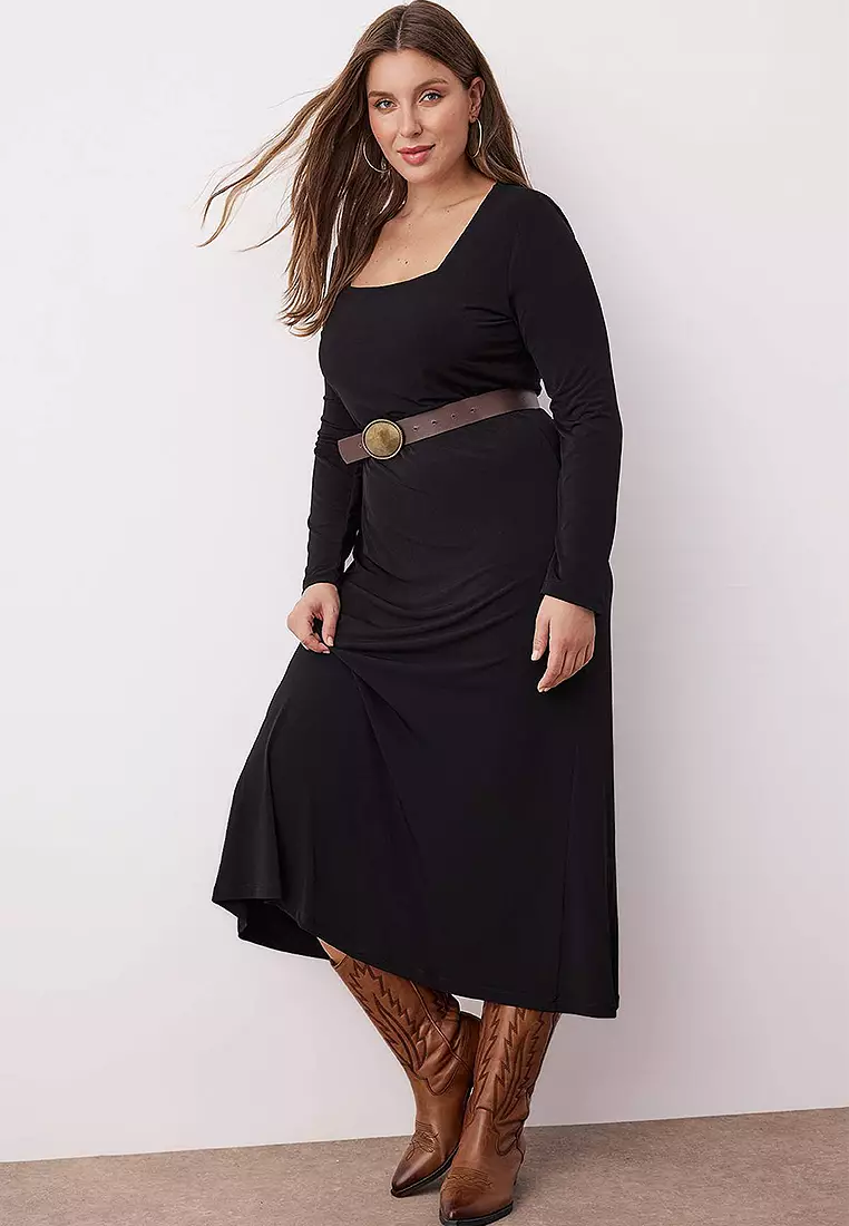 Square Neck A-Line Midi Stretch Knit Dress