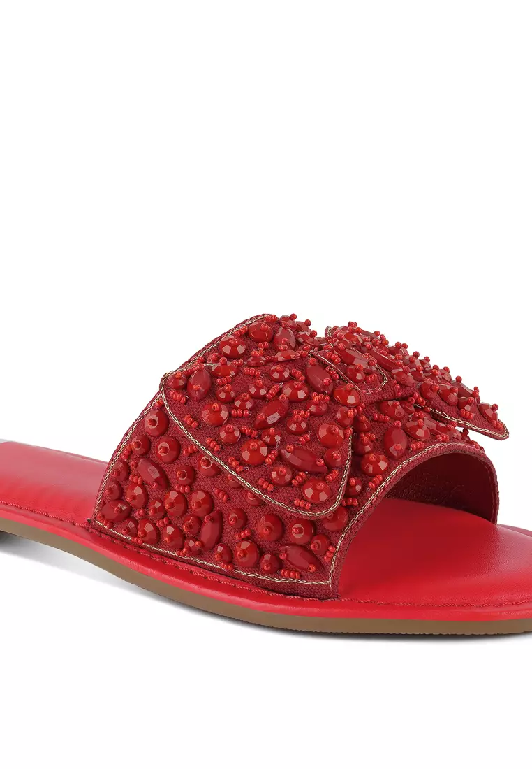 Sepatu Flat Berhias Pita Besar Warna Merah