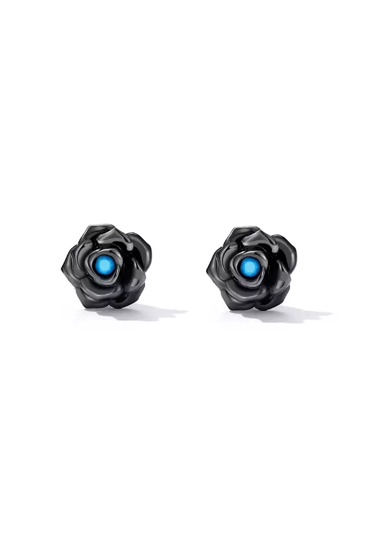 Solid 925 Sterling Silver Beaded Black Rose Stud Earrings
