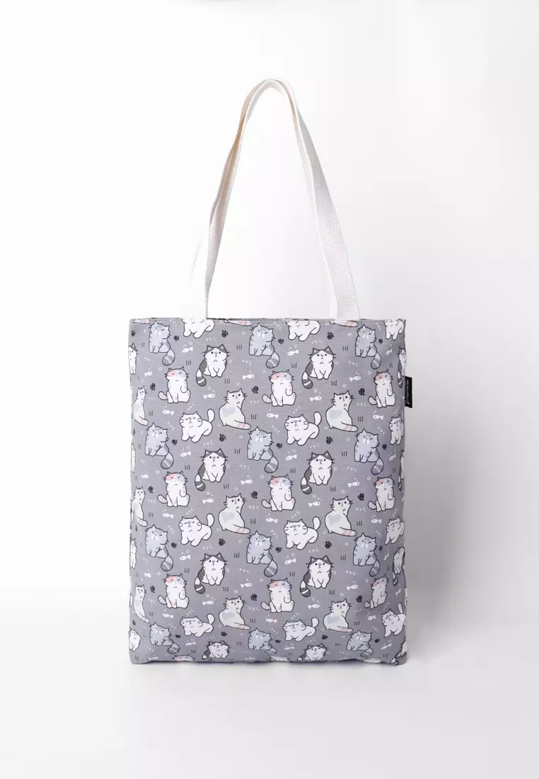 Pamole Tote Bag Wanita Bahan Kanvas Motif Penutup Resleting - Kucing Abu