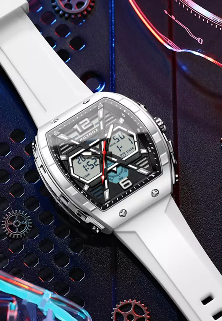 FOXBOX Chronograph Unisex Silver Color Metal Alloy Quartz Watch, 50x48mm, Black Dial, White Rubber Strap