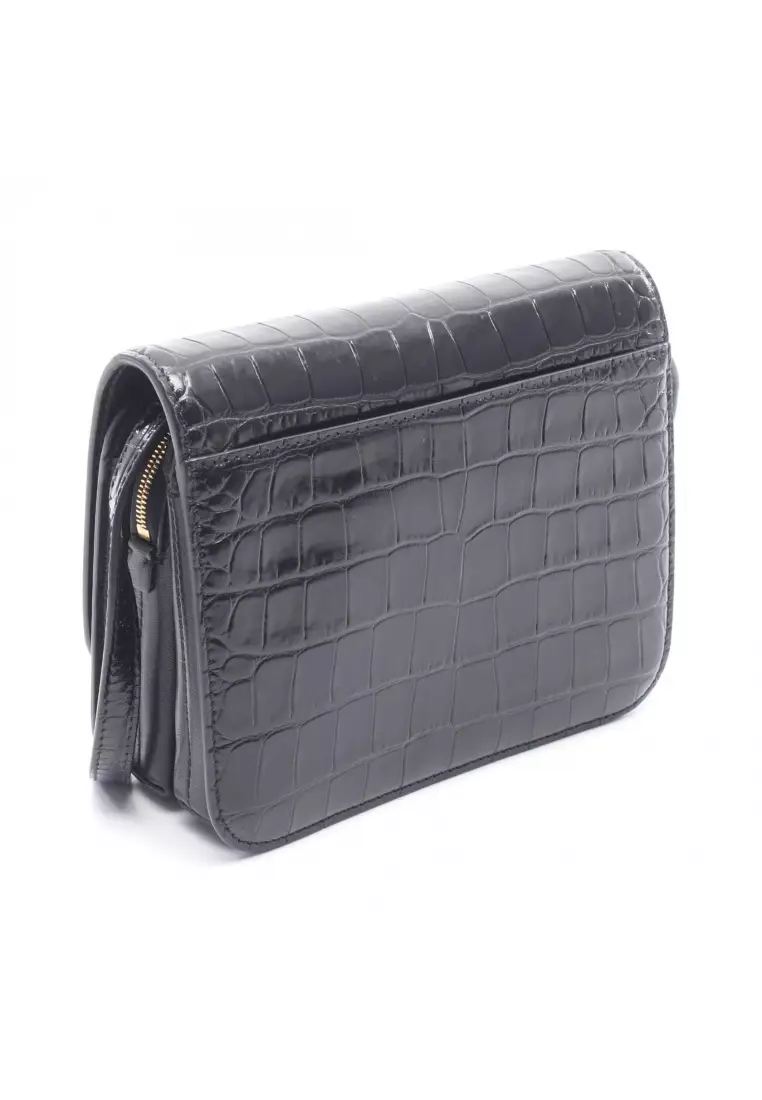 Pre-Loved BALENCIAGA bead dot croc embossed Shoulder bag leather black