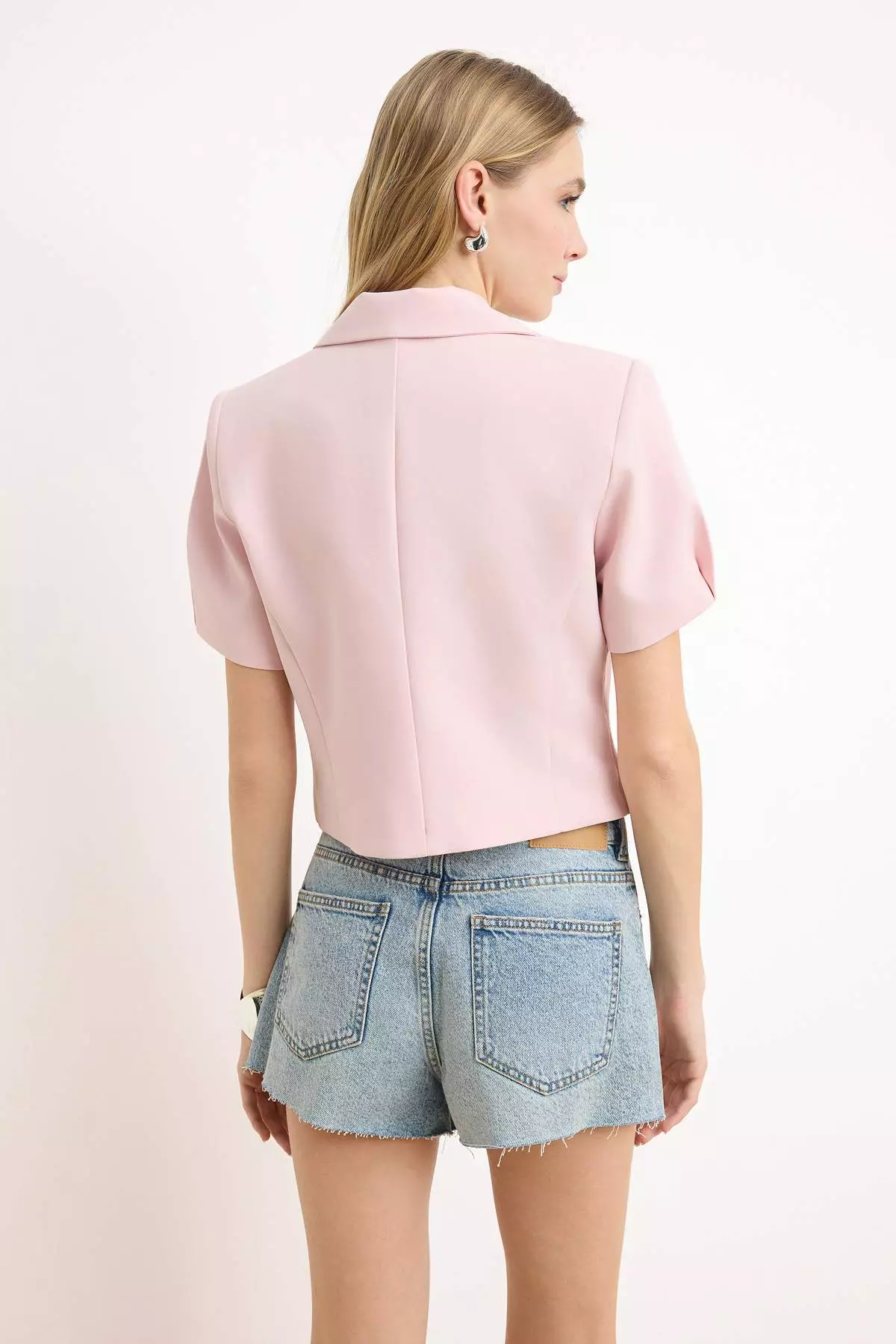 Pink Snap Fastener Short Sleeve Lined Crop Blazer Jacket Twoss26Bc29