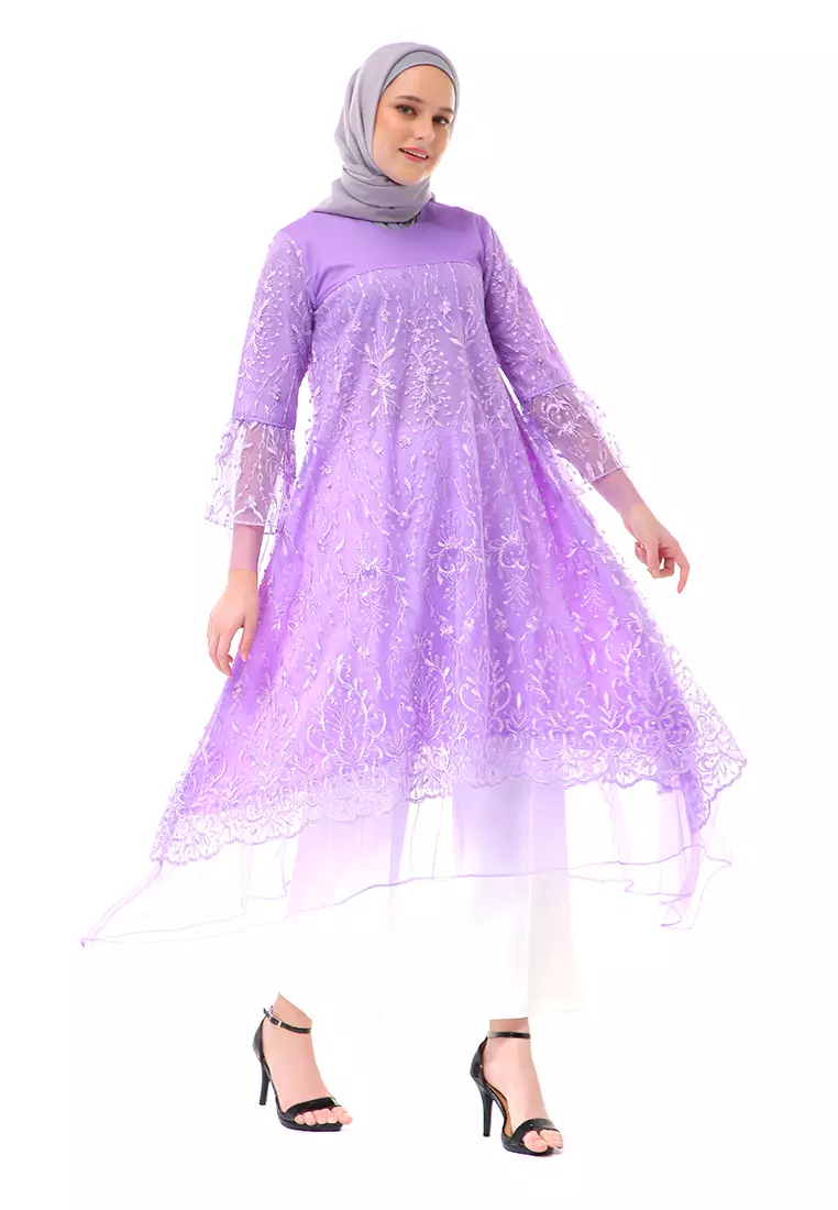 Laika Dress Muslimah Brukat Long Sleeve High Quality Premium Wanita - Lilac