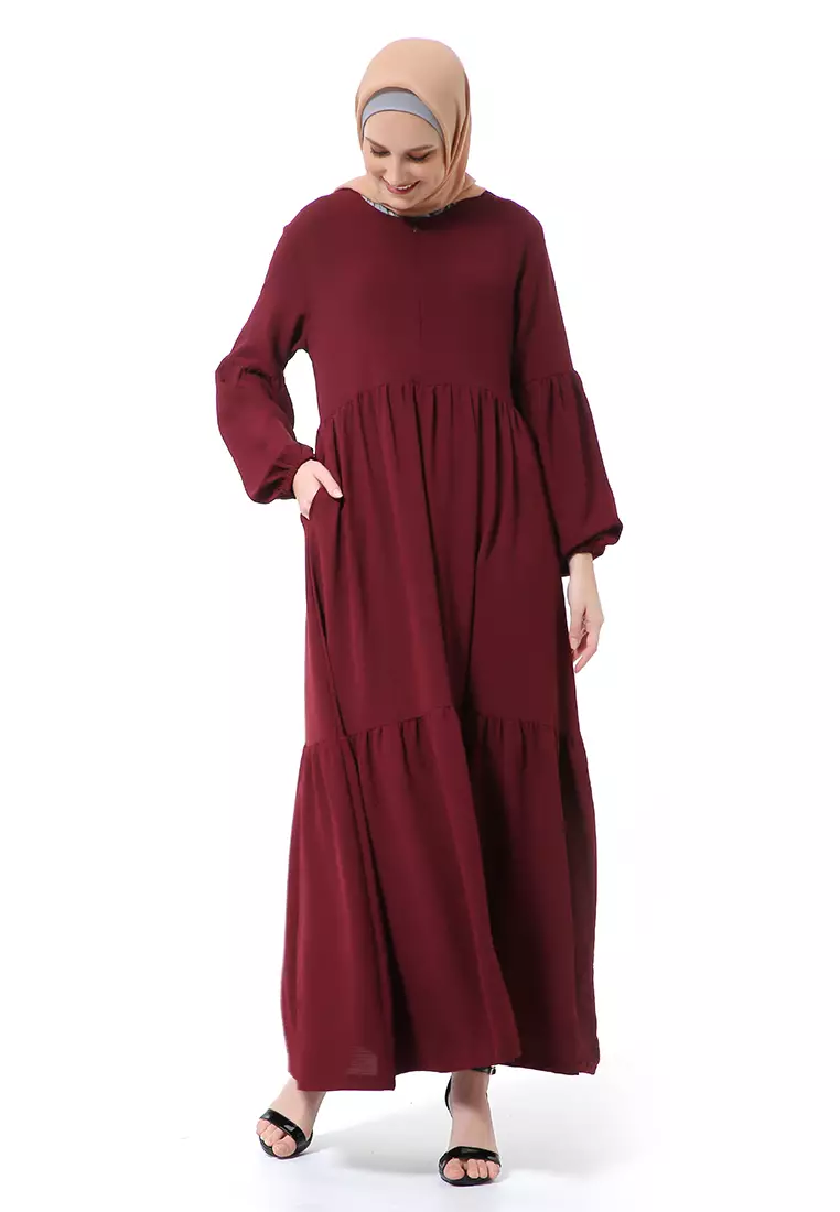 Tika Dress Wanita Gamis Muslimah Rubber Hands High Quality Premium - Burgundy