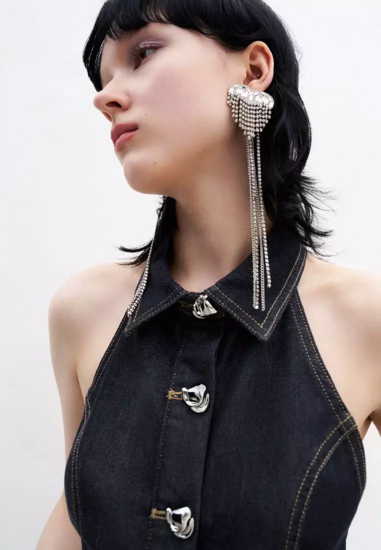 女装辣妹风挂脖露背设计感洗水牛仔衬衫