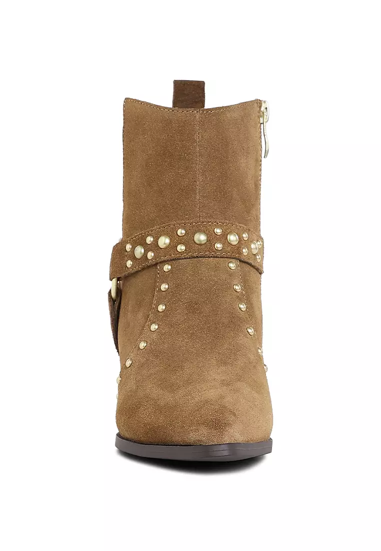 Studded Suede Ankle Boots in Taupe
