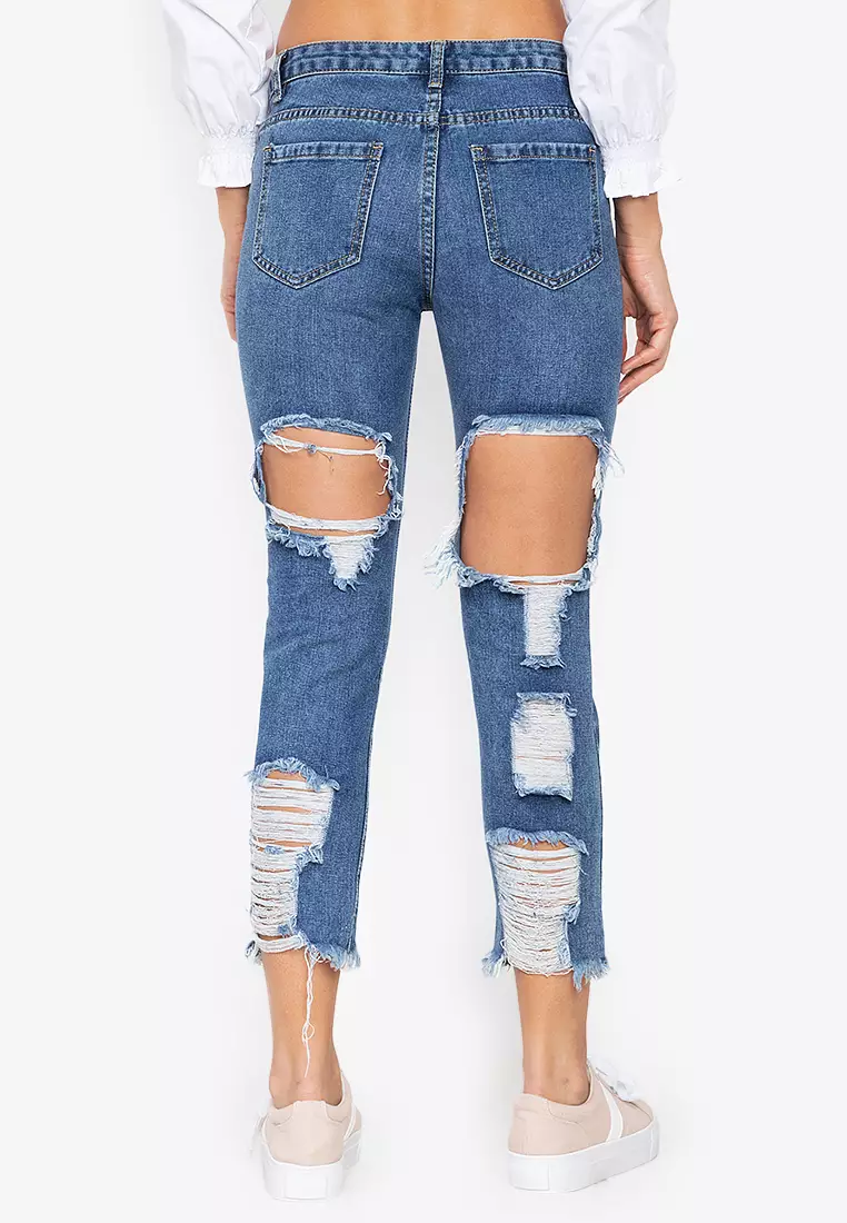 Distressed front store and back jeans