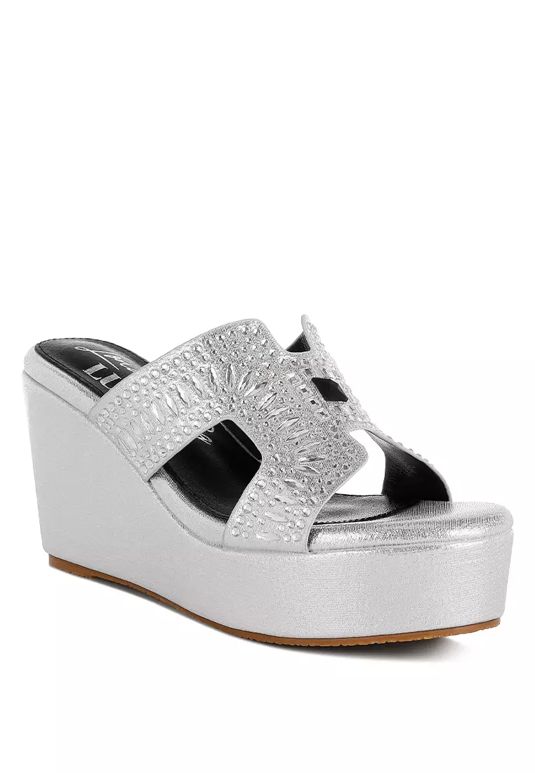 Diamante & Rhinestone Detail Cut-Out Sandals in Silver