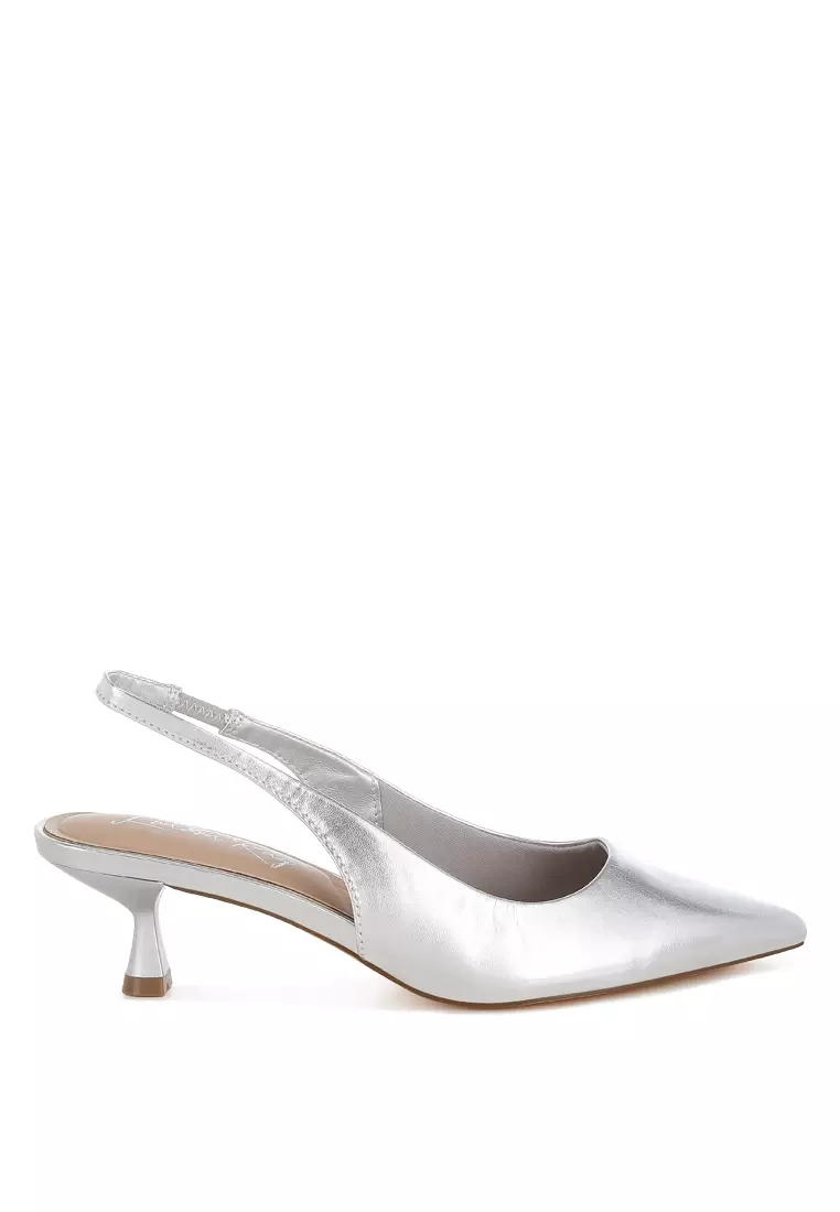 Kitten Heel Metallic Slingback Sandals in Silver