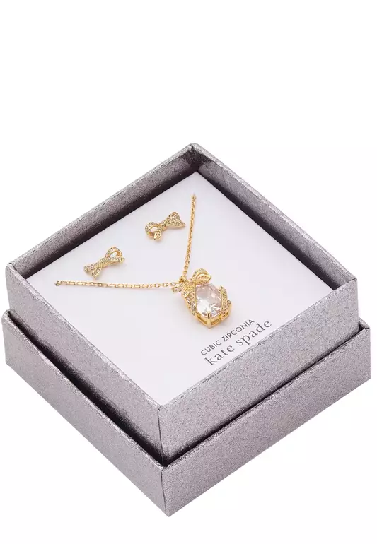 Pave Present Pendant Necklace And Studs Earrings Boxed Set in Clear/ Gold KJ992