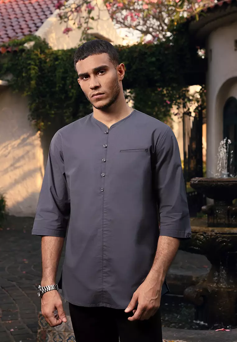 OXCON kemeja Vneck Henley Collarless shirt Dark Grey