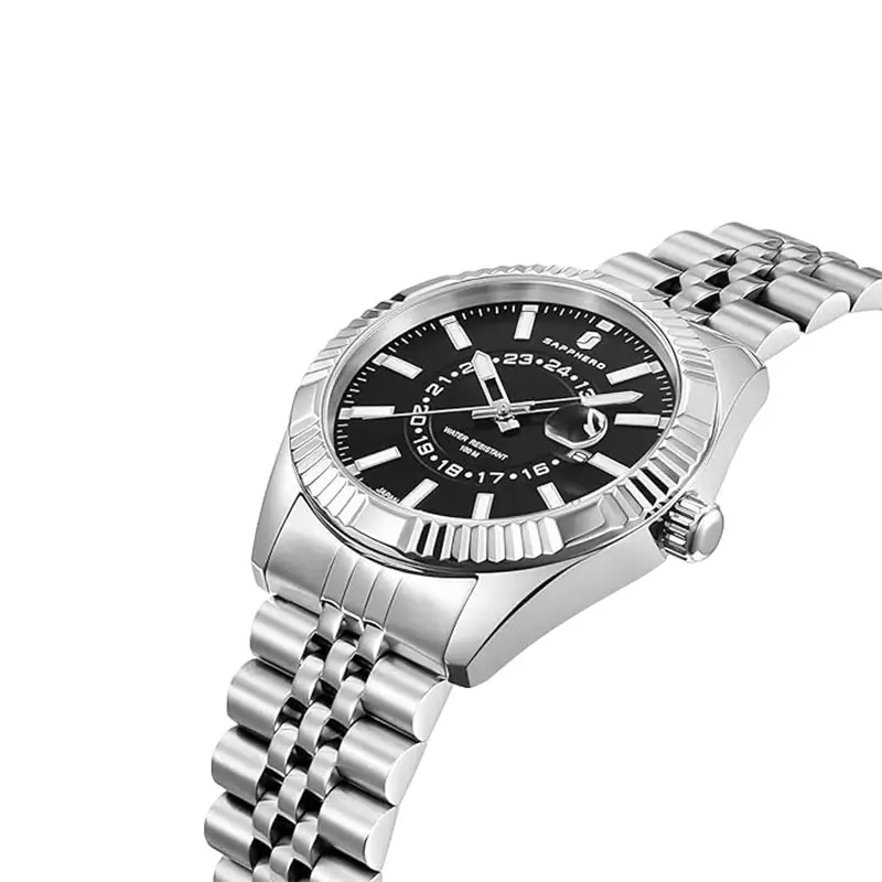 Jam Tangan Pria Sapphero SO-2101S-2SLVBLK Black Dial Stainless Steel Strap Quartz Watch 10 ATM Water Resistant