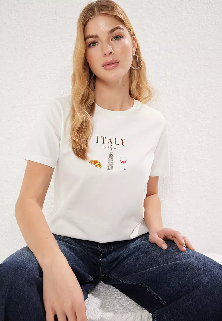 Ekru 100% Cotton Regular Fit Slogan Printed Knitted T-Shirt TWOSS25TS00047