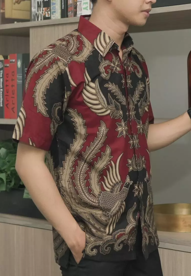 kemeja batik pria lengan panjang motif merak bali red premium