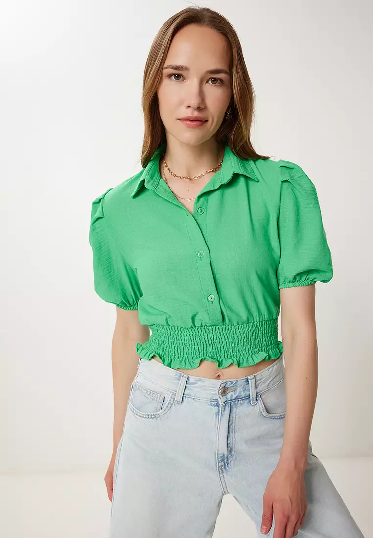 Women Dark Green Balloon Sleeve Linen Crop Shirt Blouse Tp00081