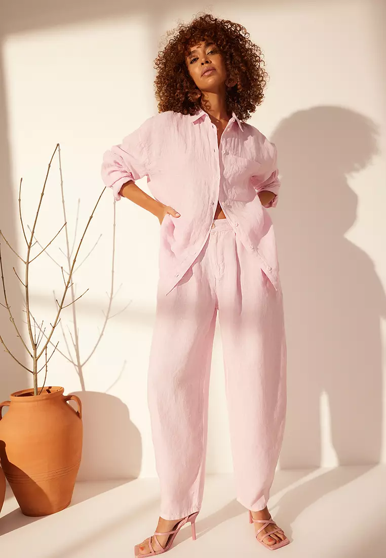 Pink 1% Linen Pocket Detailed Oversized Shirt Twoss26Go39