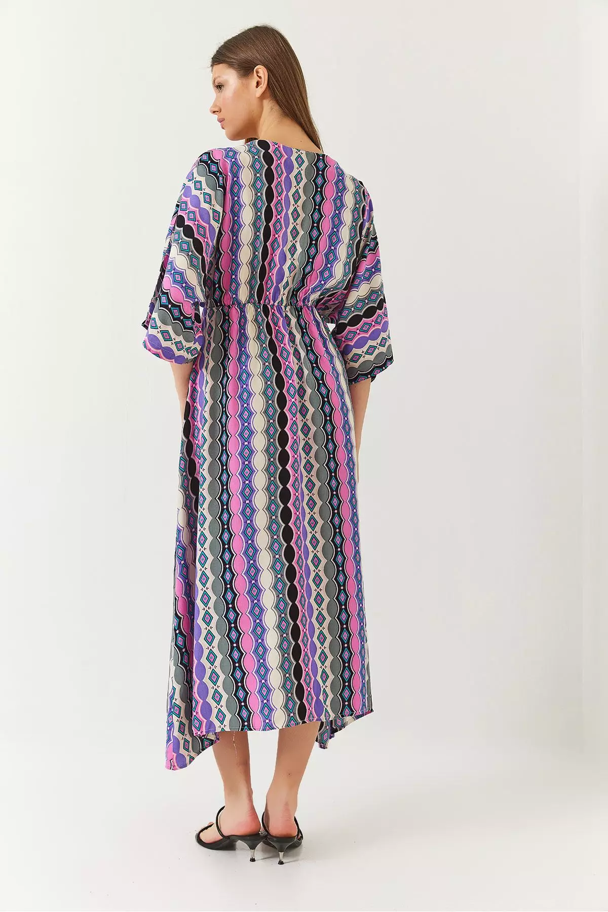 Women's Double Breasted V Neck Front Slit Detail Print Dress 60261411