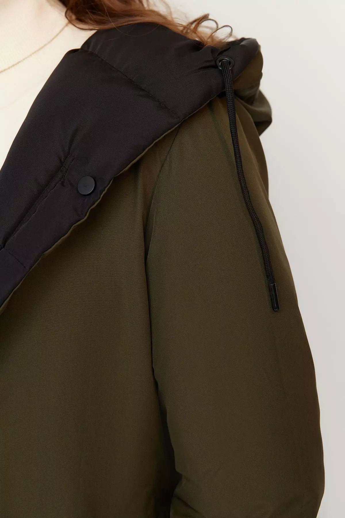 Black-Khaki Double Sided Hooded Water Repellent Long Puffer Jacket TWOAW23MO00052