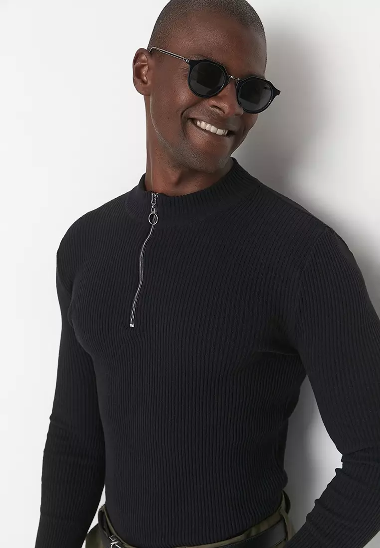 Slim Fit Half Turtleneck Zipper Corduroy Sweater