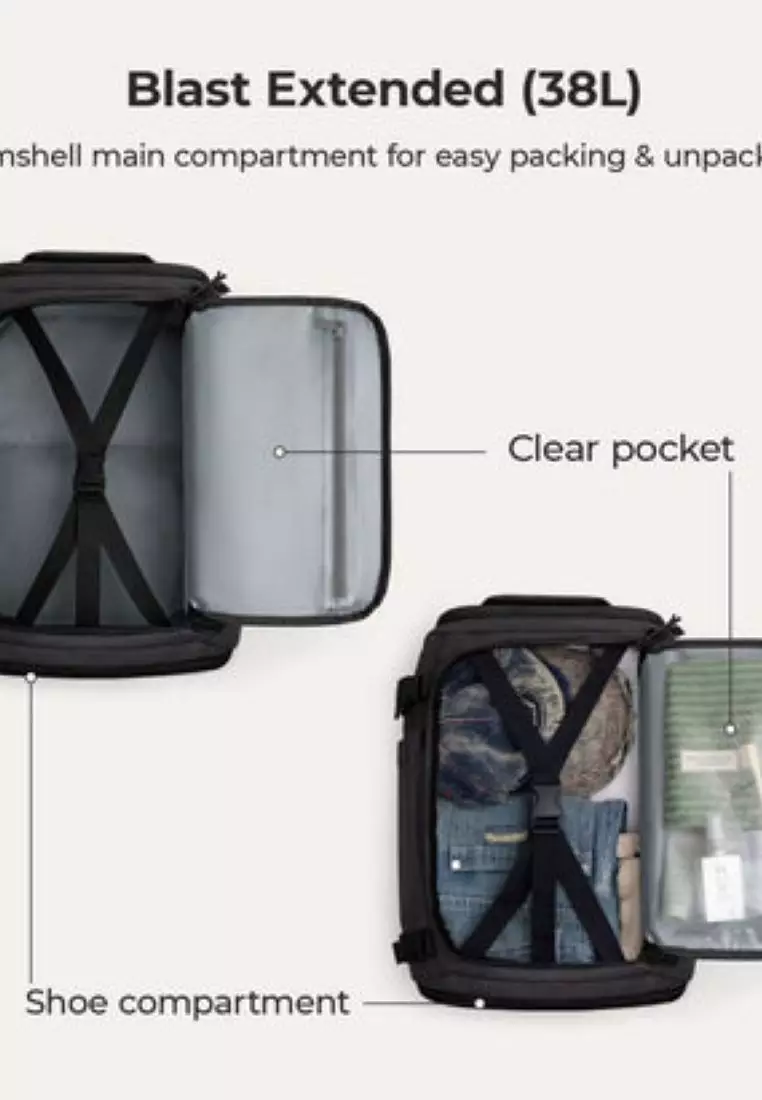 Bagsmart Blast Quick Access Carry On Travel Backpack Extended 38L (Black)