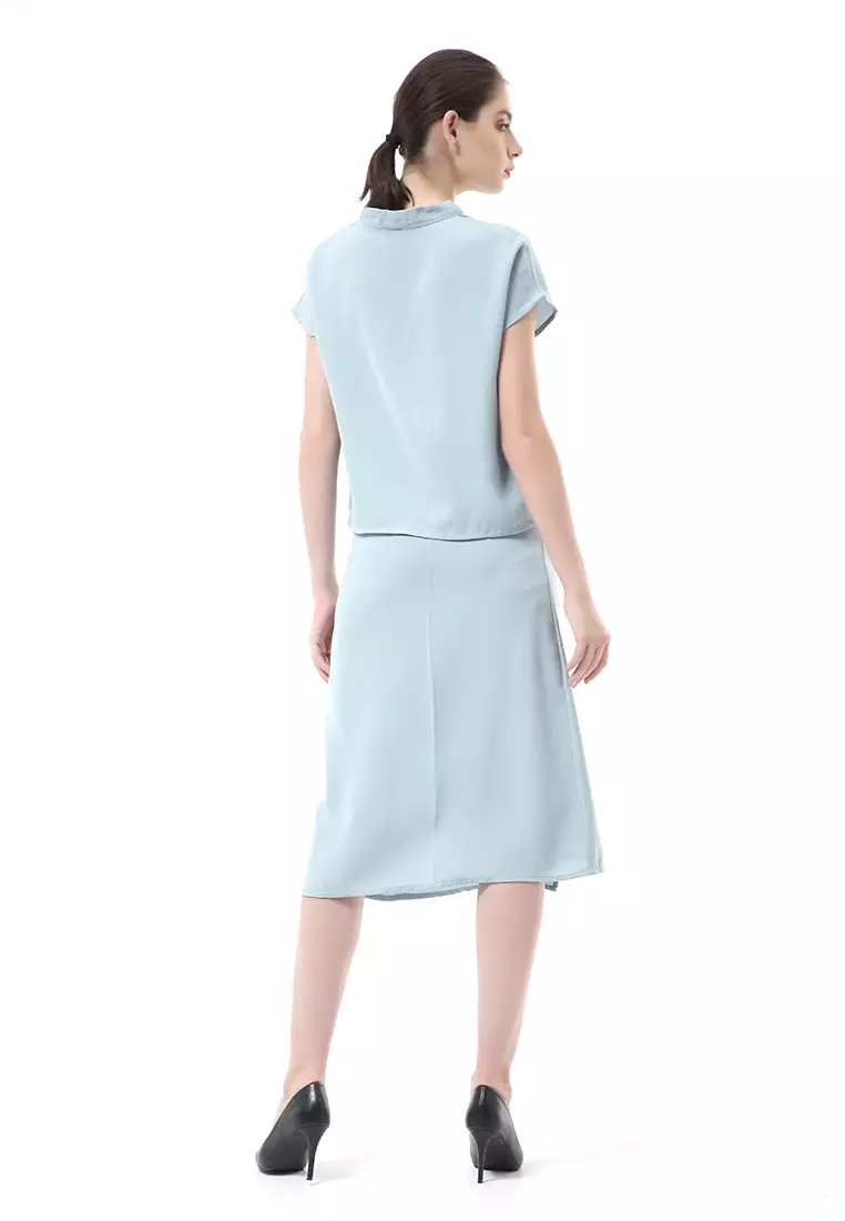 Nayra Setelan Baju & Rok Wanita One Set Adjustable Short Sleeve Material Dolce ORIGINAL - Blue Mint