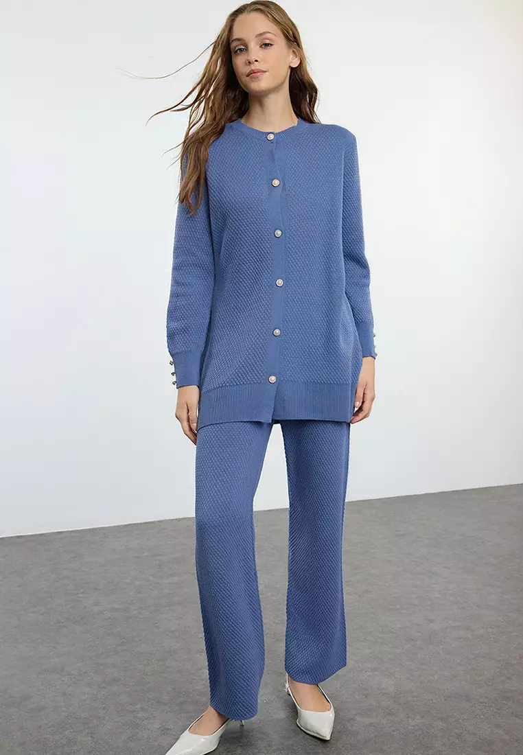 Indigo Pearl Buttoned Knitwear Bottom-Top Set TCTAW25US00035
