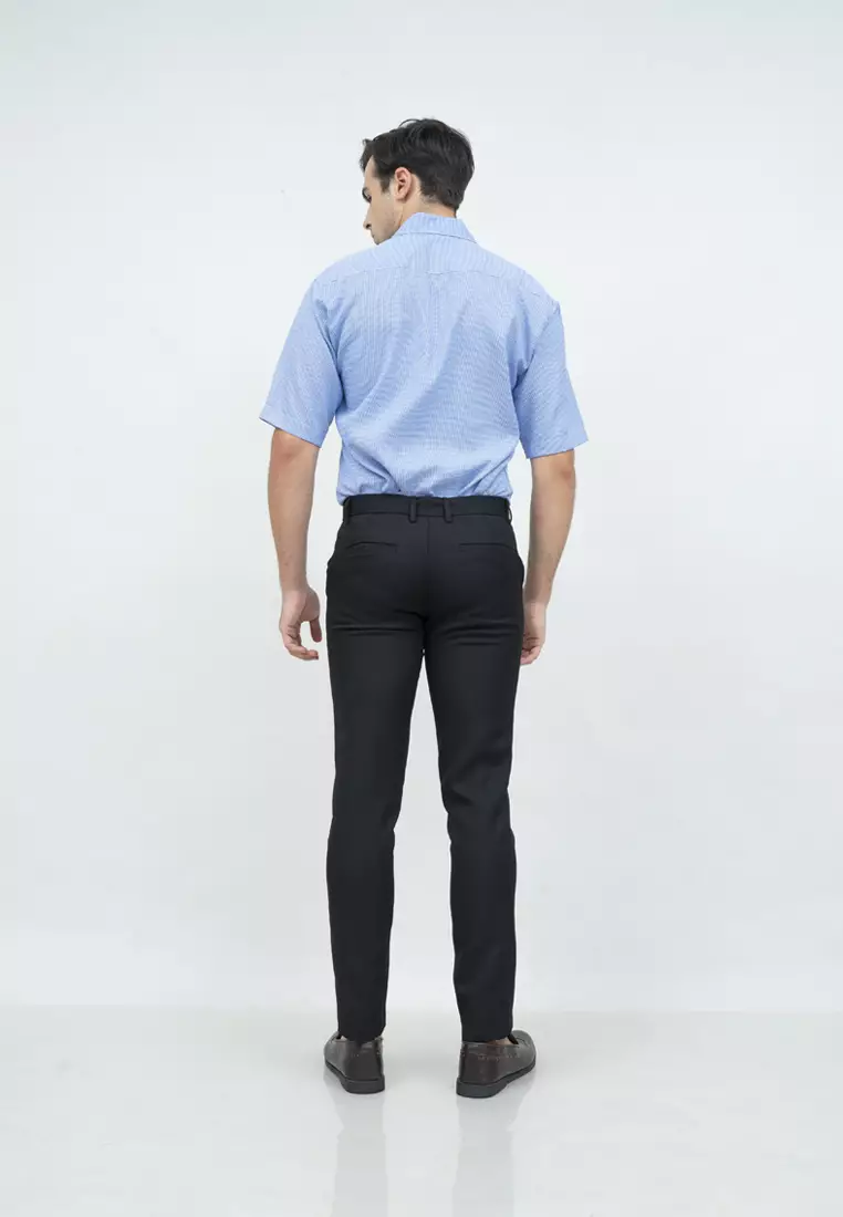 Kemeja slim fit lengan pendek pria kerja Biru Houndstooth houseofcuff