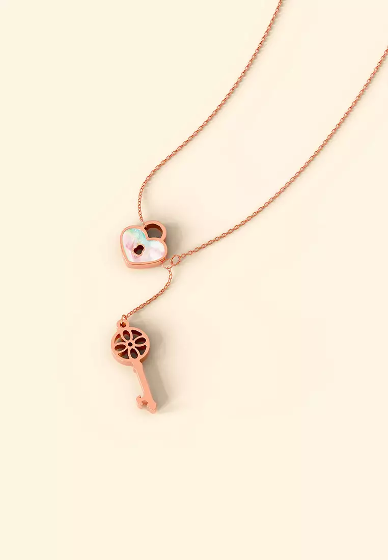 Flower pattern key & lock in Rose Gold Layered Steel Jewellery
