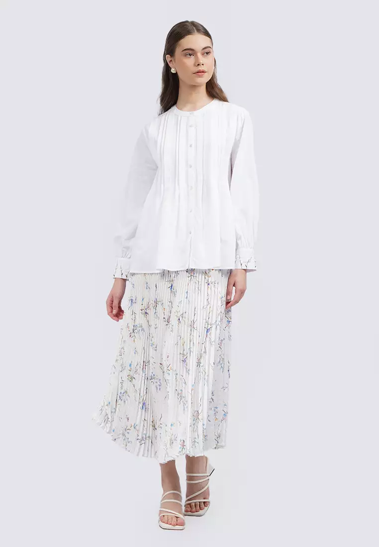 Long Sleeve Blouse with Pleated Front OFF WHITE