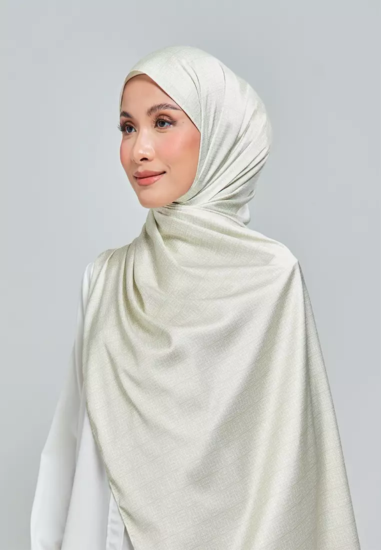 Monogrammatic Printed Satin Silk Scarf in Fog Green