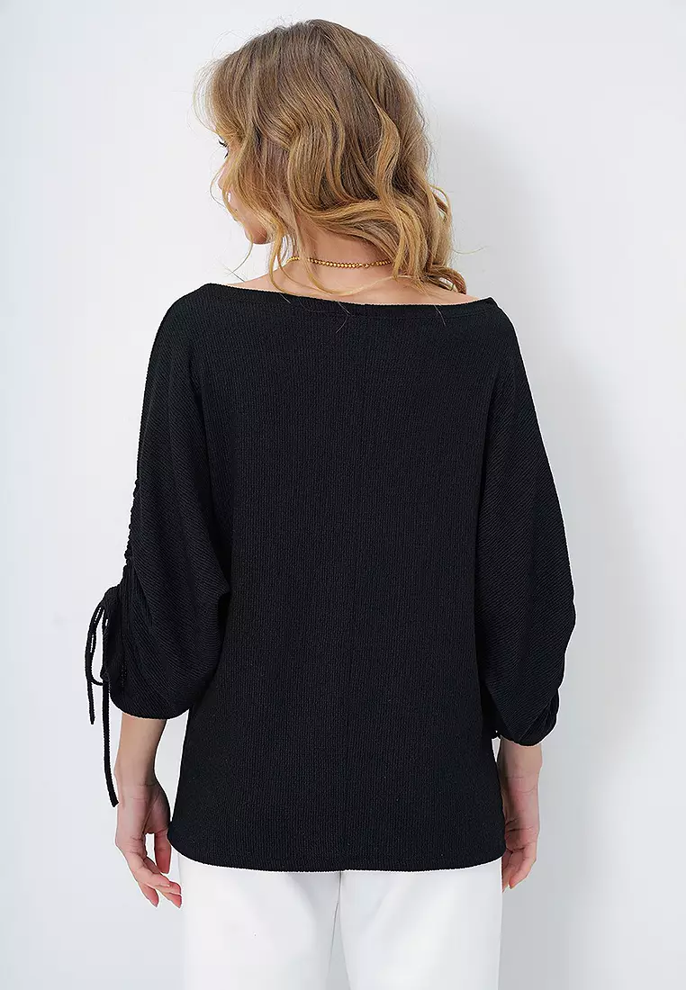 Black Boat Neck Sleeves Gathered and Tied Detailed Knitted Crepe Blouse