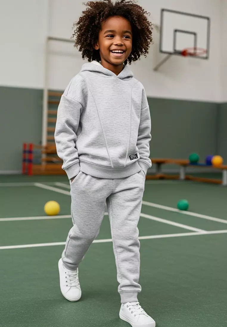 Boy's Gray Melange Fleece Hooded Cotton Knitted Suit - Tkdaw25Au00058