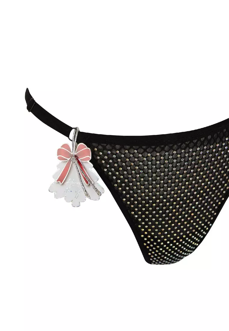 Fall in Love Christmas Themed Glitter Tulle Black Thong