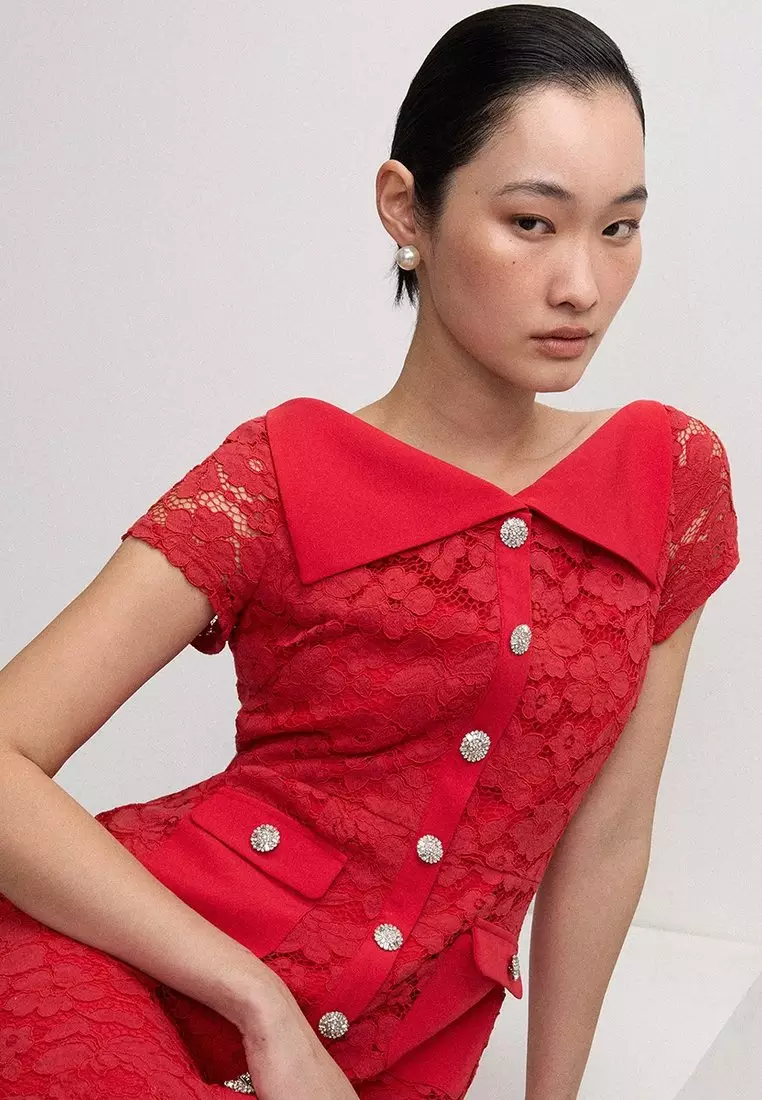 Lace Button-Up Midi Dress - Red