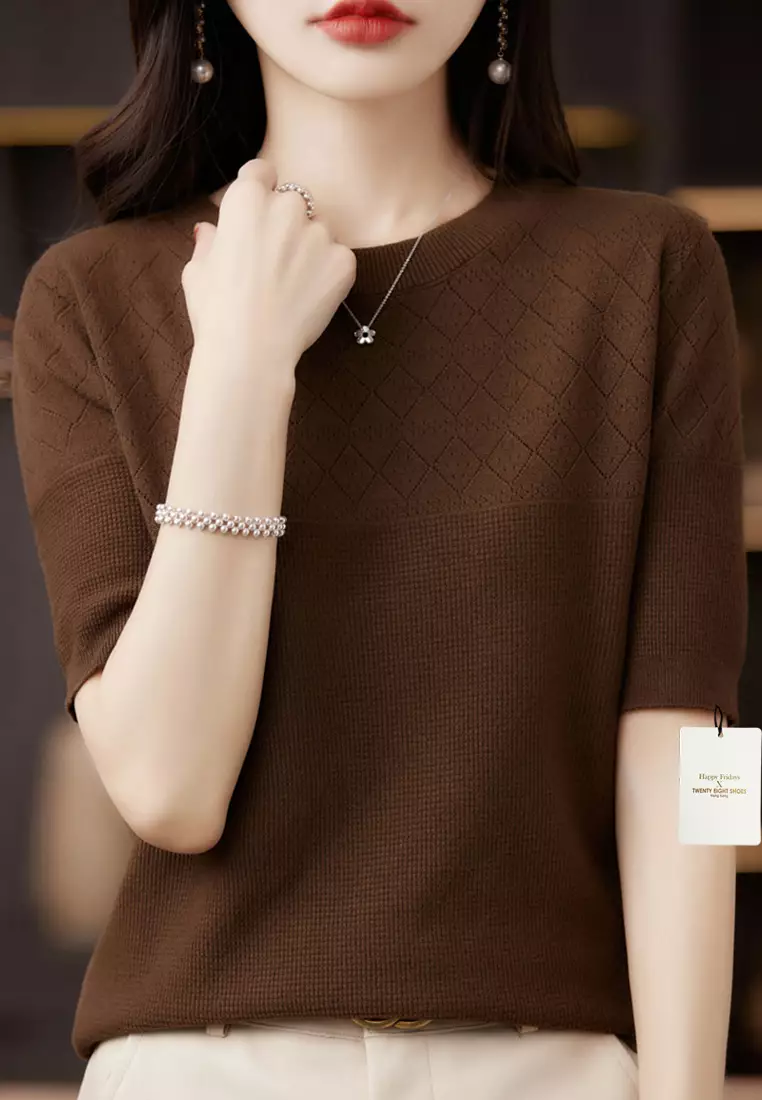 Rhombus Hollow Out Pattern Short Sleeve Knit Top JW QT-291