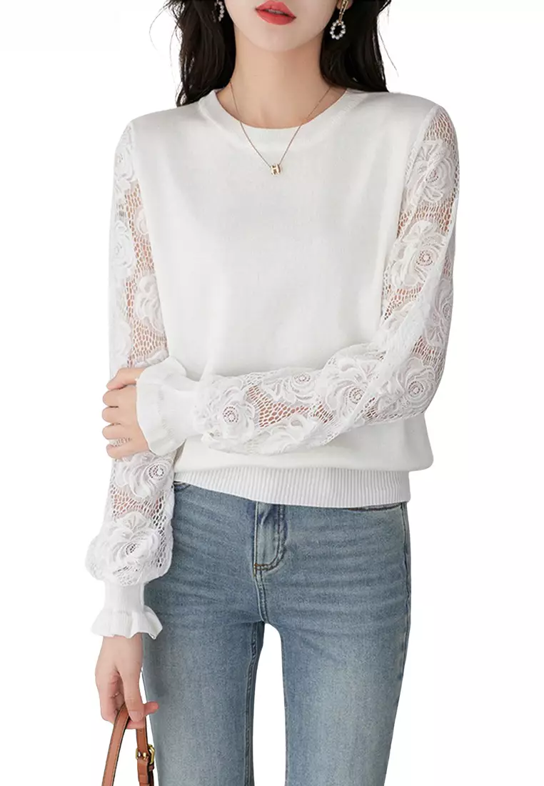 White sweater discount with lace sleeves