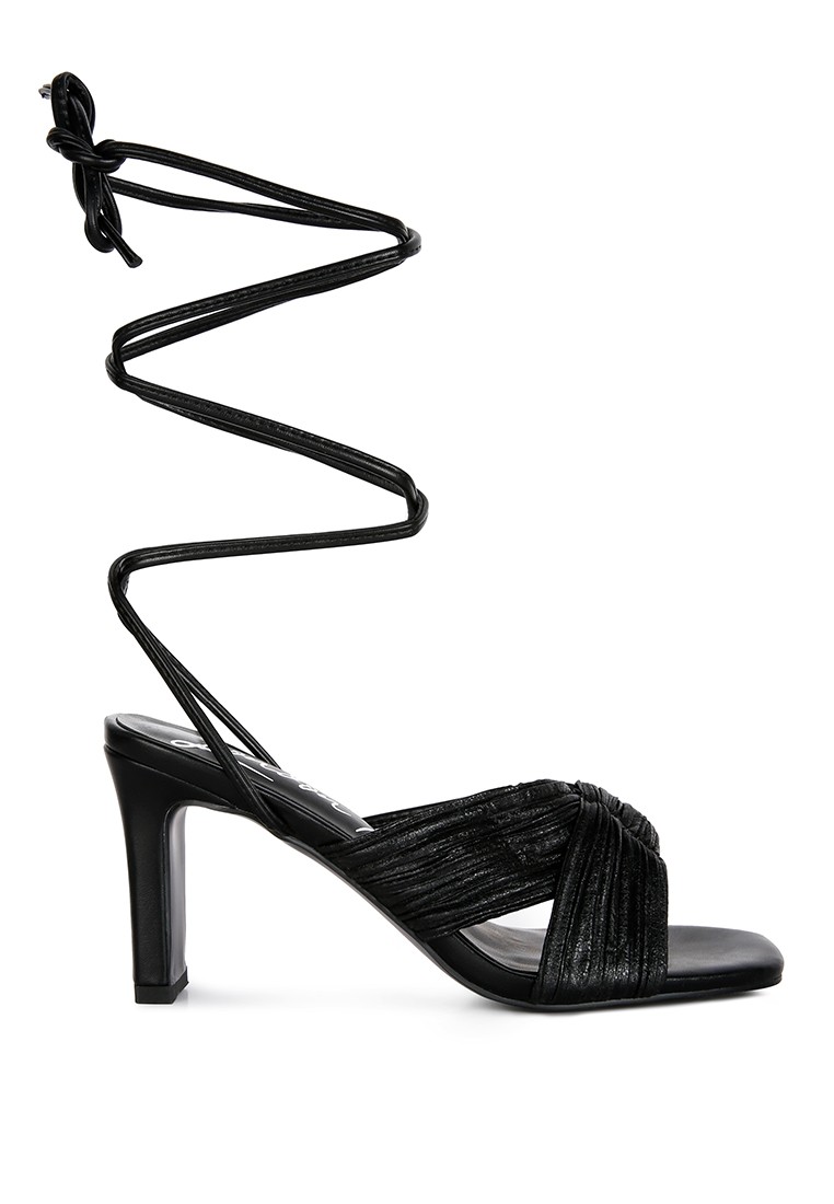 Metallic Black Tie Up Block Heel Sandals