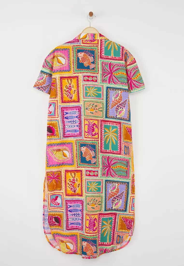 Tropical Print Midi Beach Dress With Pockets And Slit