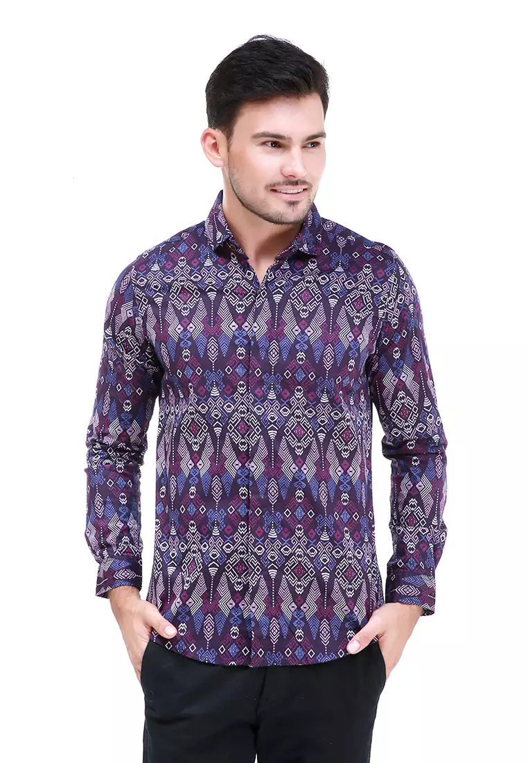 Dwan Kemeja Batik Pria Atasan Formal Longsleeve Shirt Material Cotton ORIGINAL - Purple