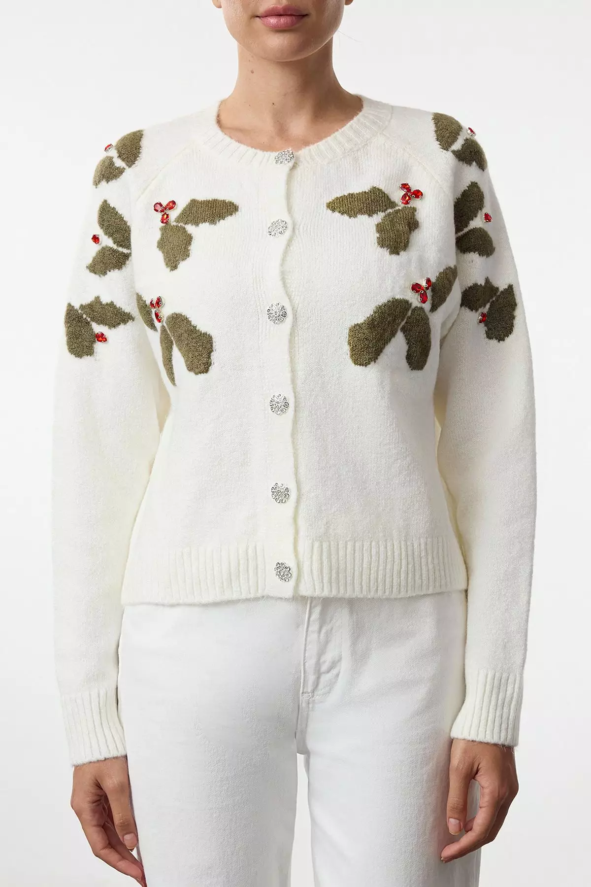Ecru New Year Themed Soft Texture Button Detailed Stone Embroidered Knitted Cardigan TWOAW25HI00343