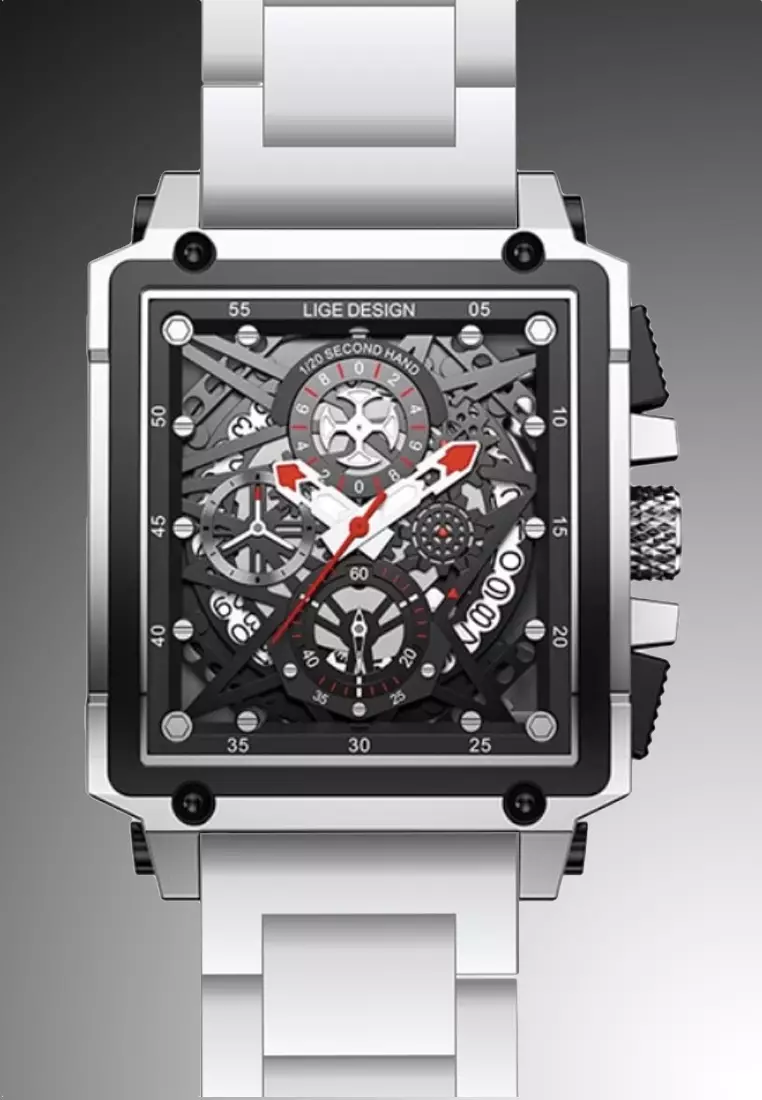 僅限 ZALORA - Skeleton 中性不銹鋼計時碼表石英手錶 42mm W x 45mm H on Steel Bracelet