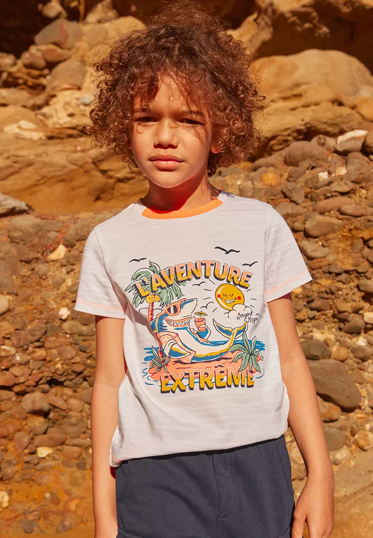 WHITE JERSEY SHARK PATTERN T-SHIRT