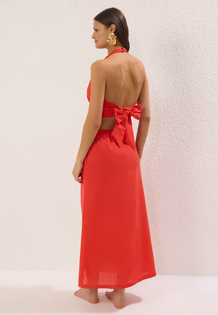 Red Woven Flamed Cotton Beach Blouse Skirt Set TBESS25AU00070