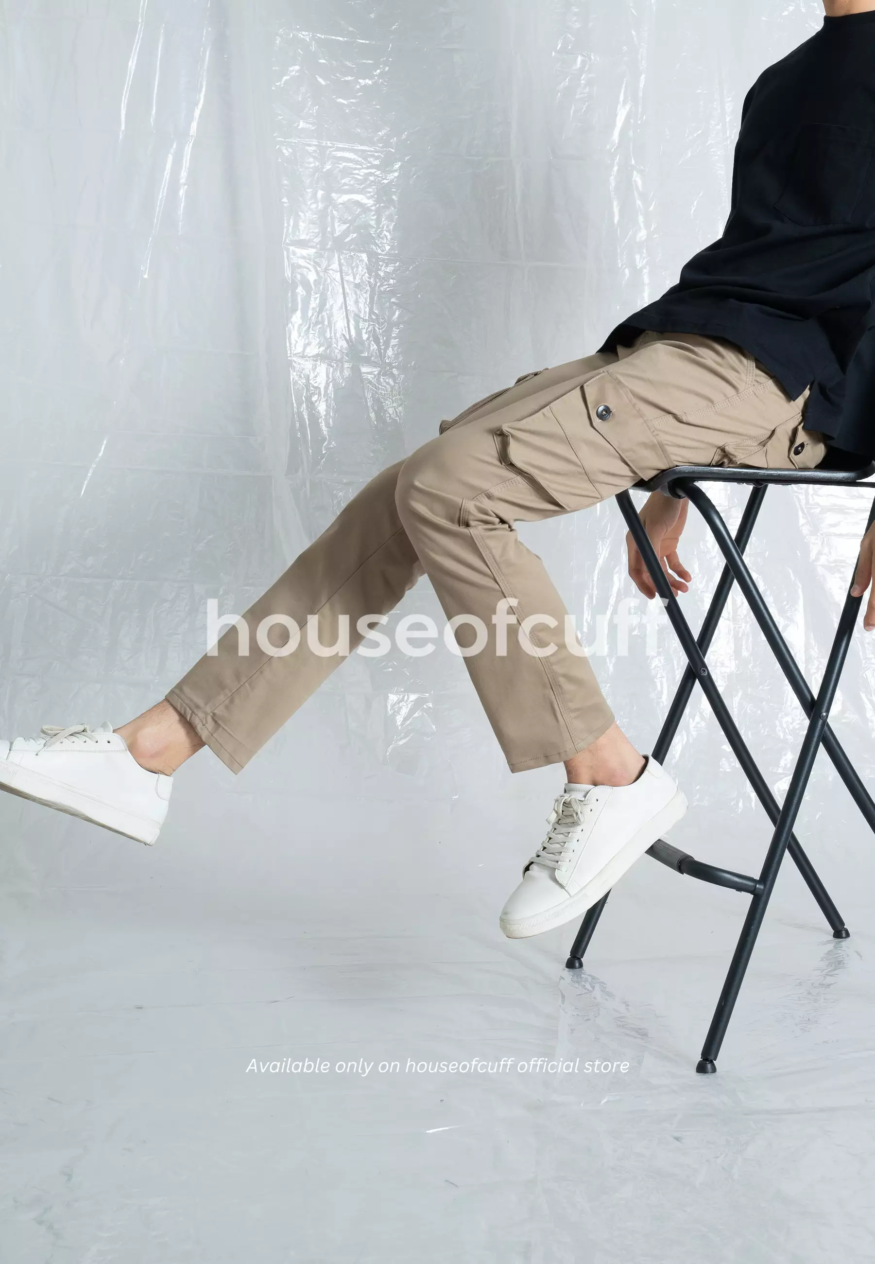 Celana Panjang kargo Pria Slim Fit Cargo pants kantong stretch melar krim tua