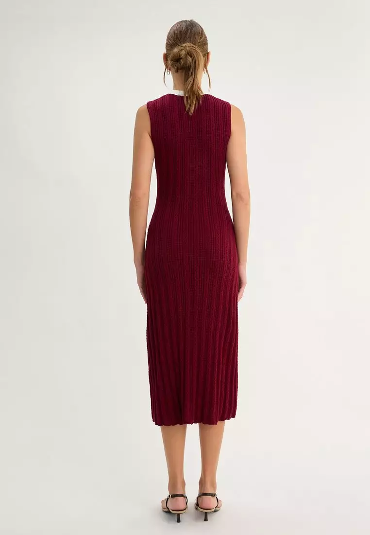 Knit Midi Dress with Contrast Trim - Burgundy