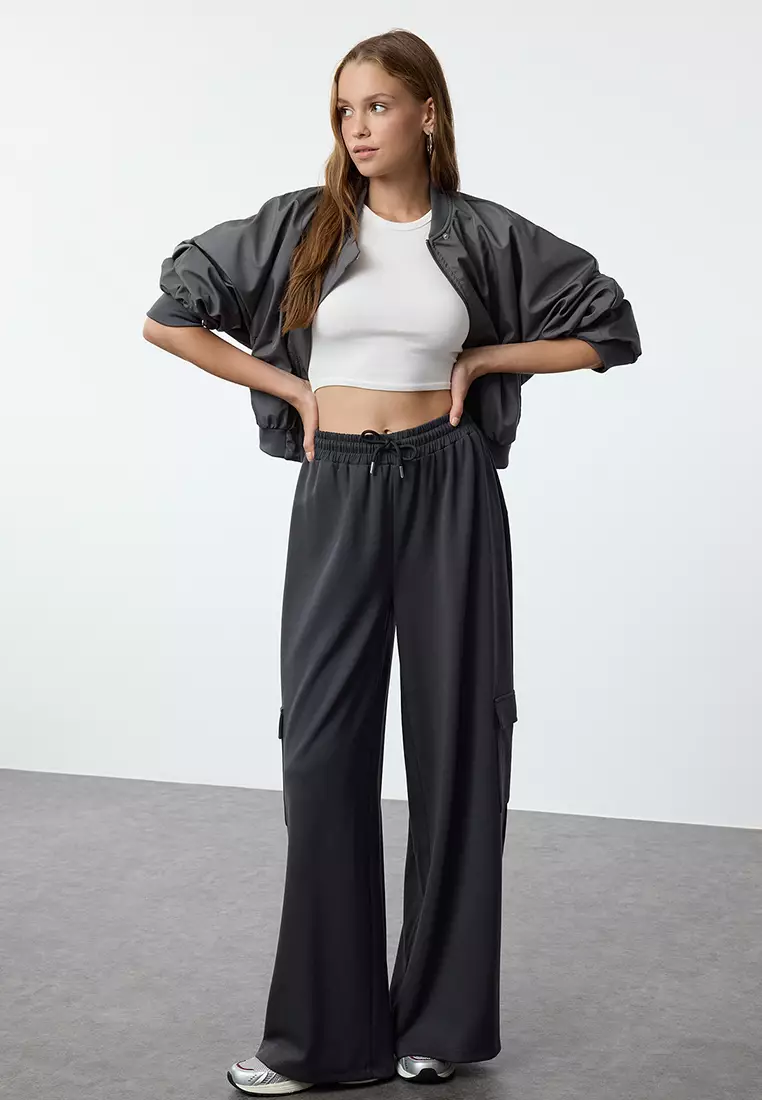Anthracite Cargo Pocket Pipe Leg Knitted Sweatpants Trousers