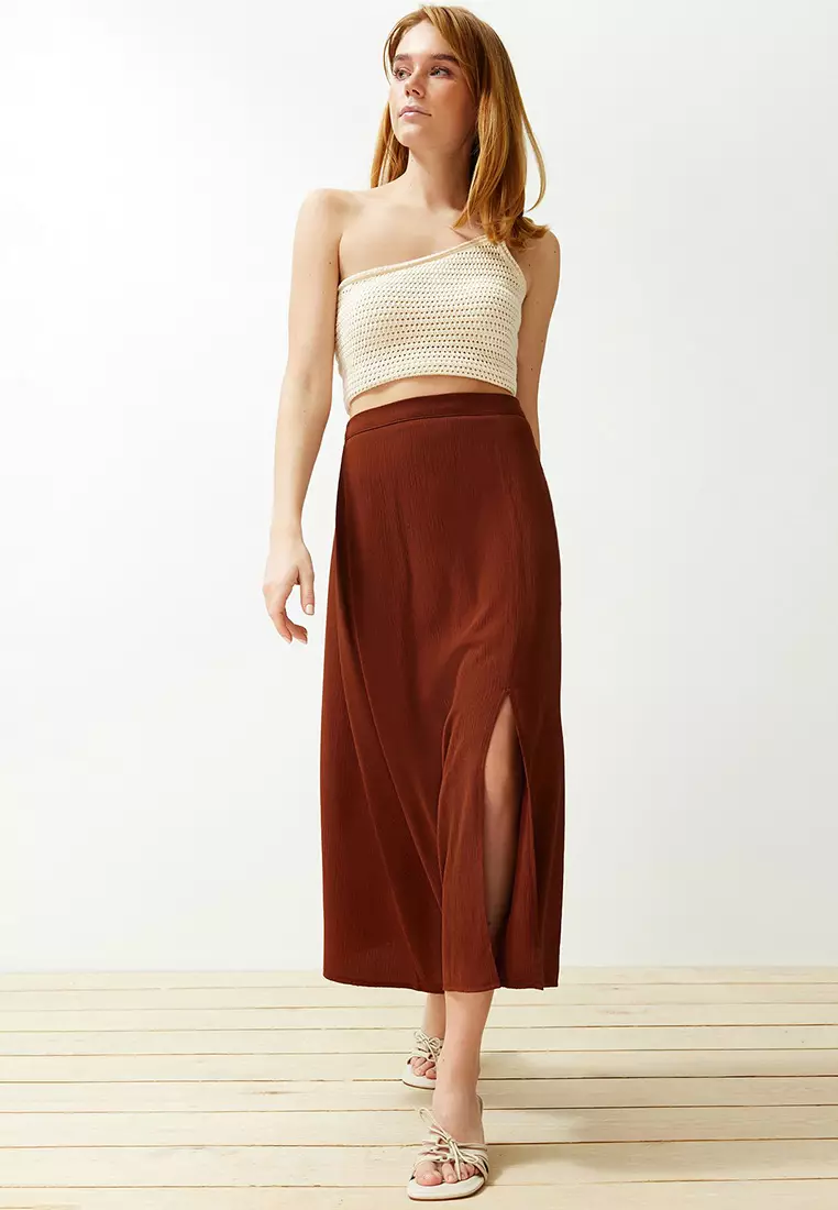 Textured Fabric Midi Skirt with Slit Detail