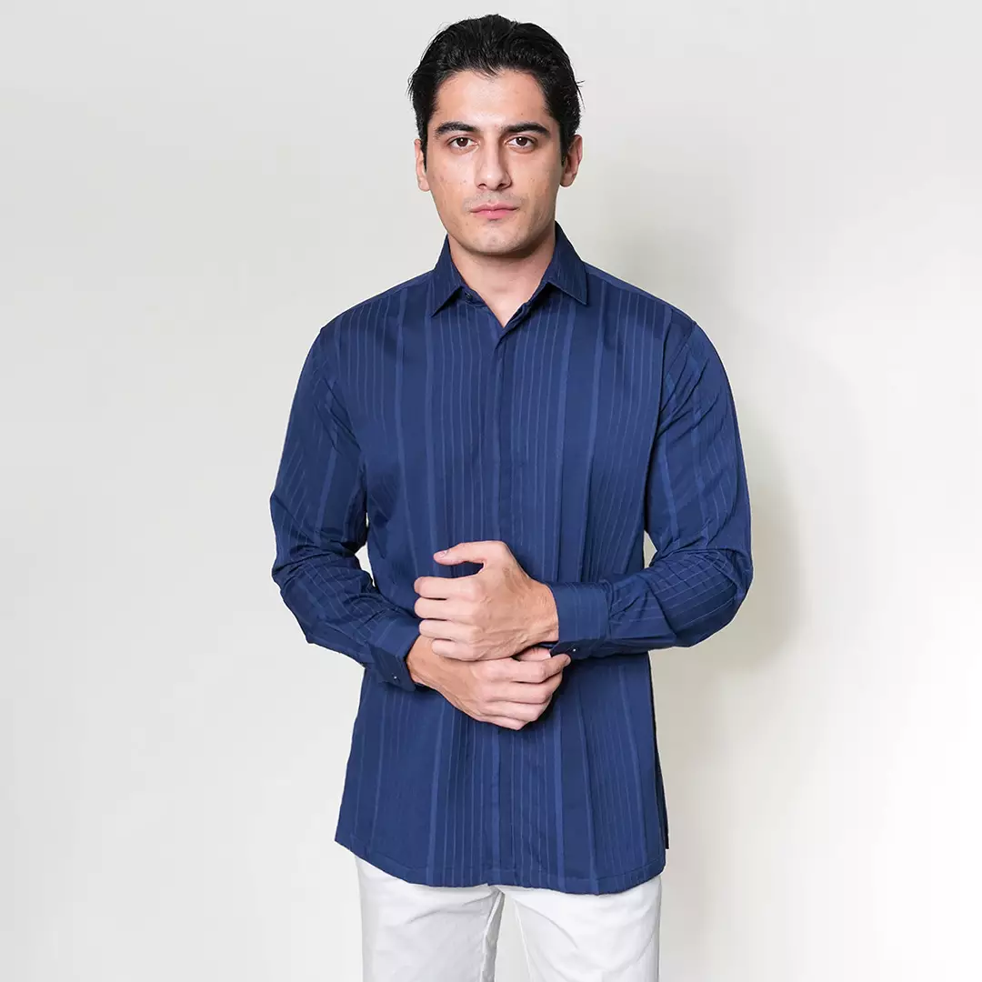 Casella Kemeja Pria Lengan Panjang Strech Naviel Stripe Design 7764 Navy